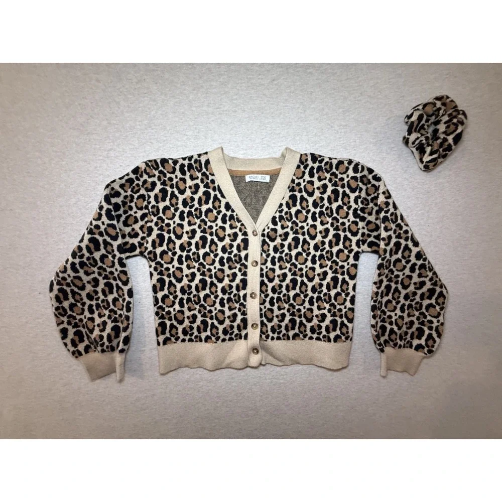 Rachel Zoe. girl size 8. Leopard button up Cardigan and hair scrunchie.